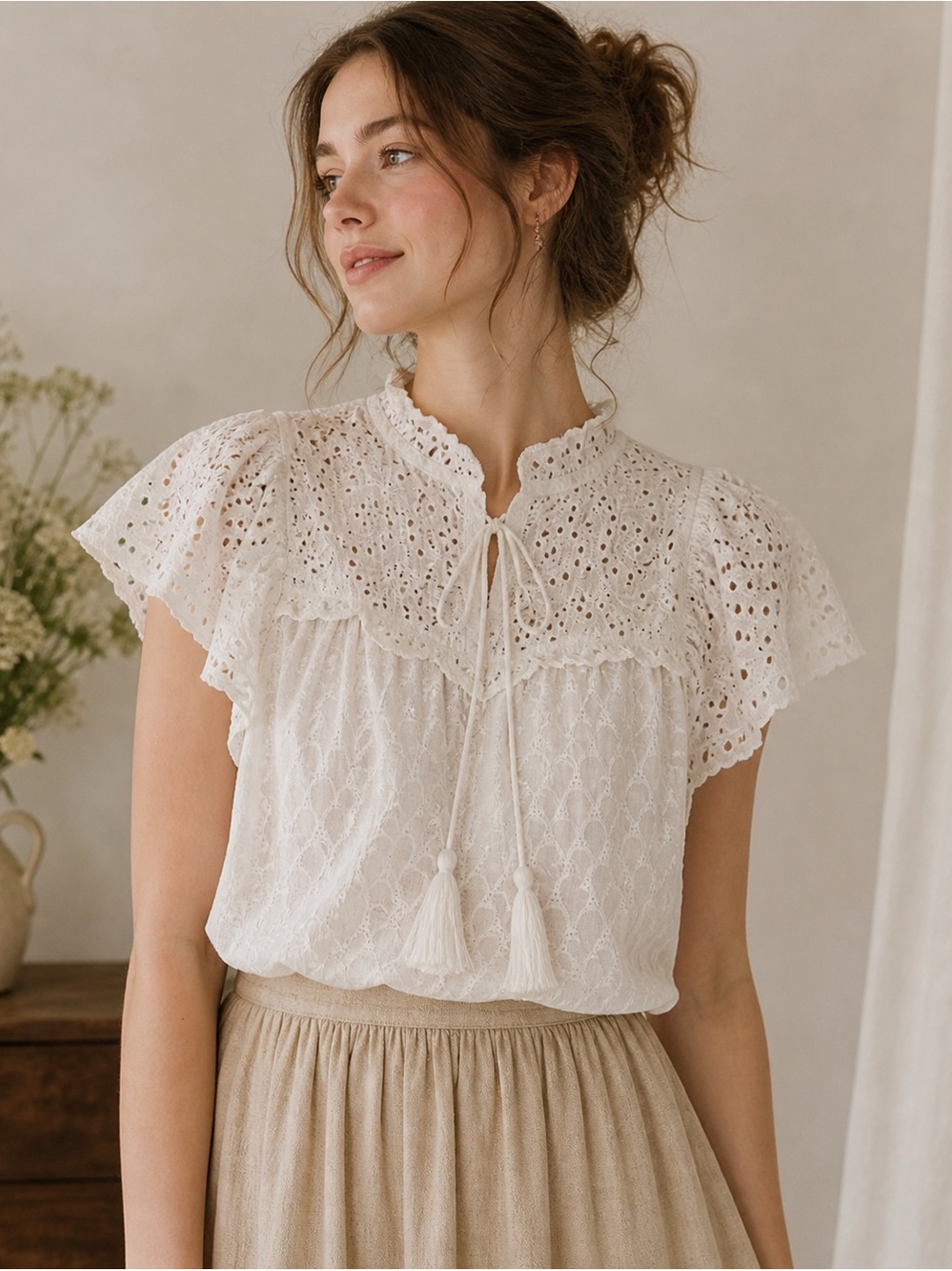 ADIVA Cottagecore White Eyelet Blouse | 100% Cotton Textured | Boho Romantic
